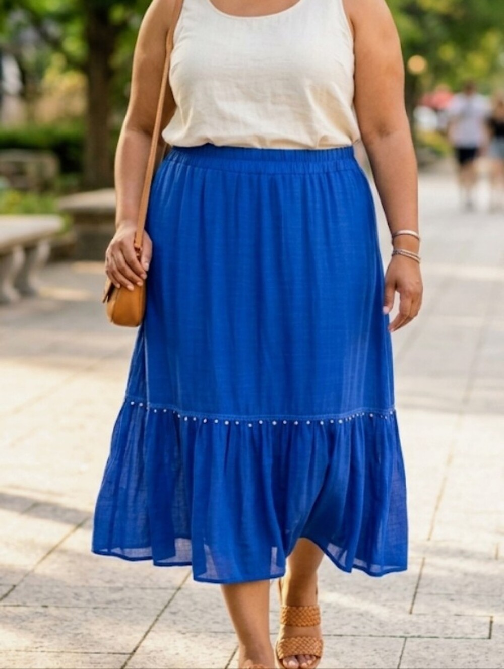 AB Studio Cobalt Blue Tiered Midi Skirt with Bead Accent